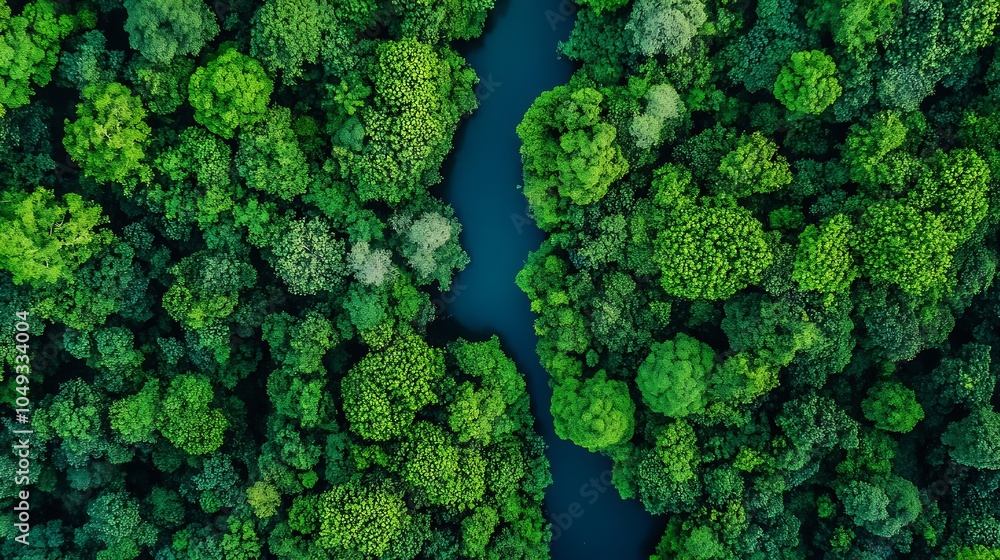 Poster Aerial View of Lush Green Forest and River Creating a Stunning Natural Landscape : Generative AI