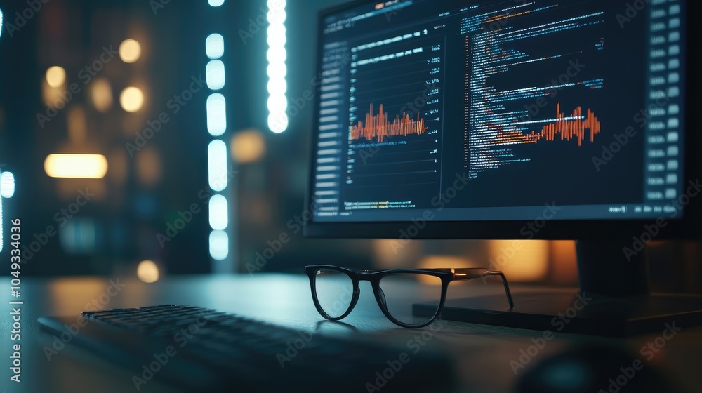 Poster Data processing in progress on computer screen, glasses on desk in modern office for business theme