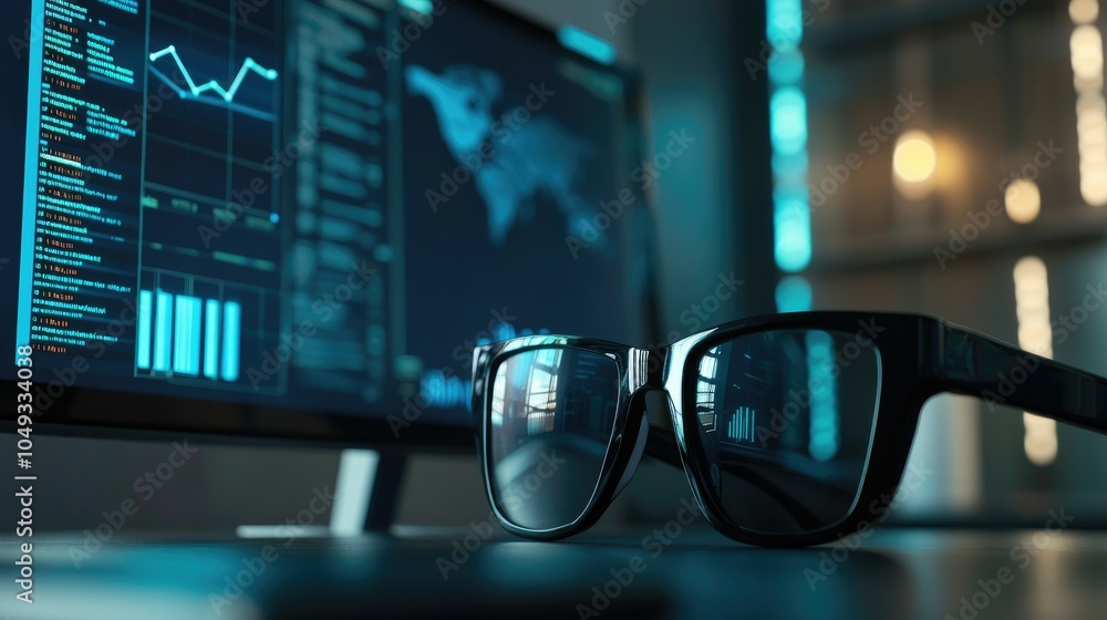 Poster Data processing in progress on computer screen, glasses on desk in modern office for business theme