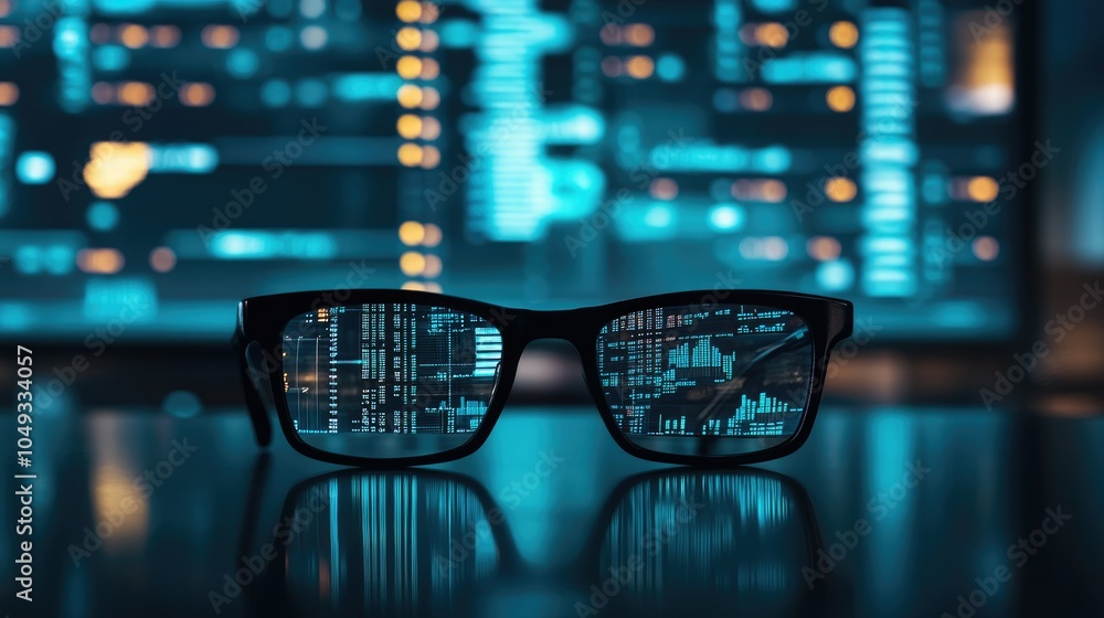 Poster data processing in progress on computer screen, glasses on desk in modern office for business theme