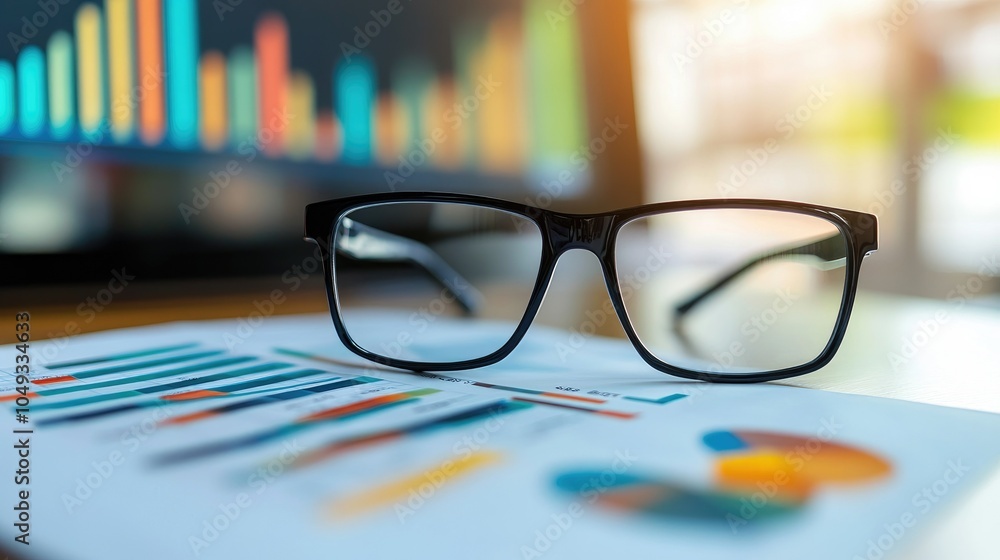 Poster financial charts and graphs on computer screen with glasses placed on a stylish office desk