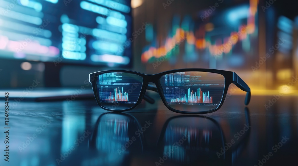 Poster financial data displayed over reading glasses on a sleek desk in a contemporary office setting