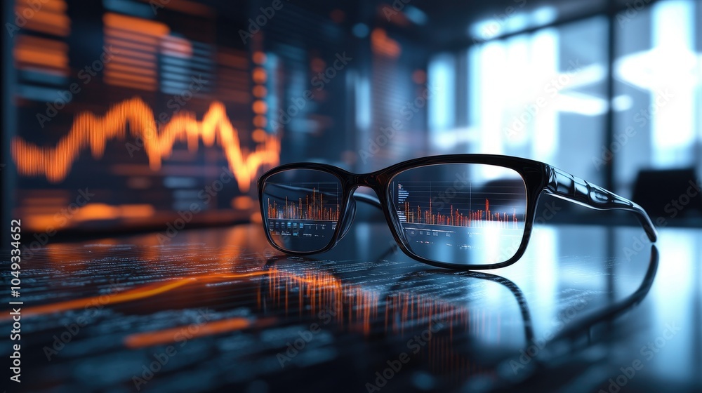 Poster financial data displayed over reading glasses on a sleek desk in a contemporary office setting