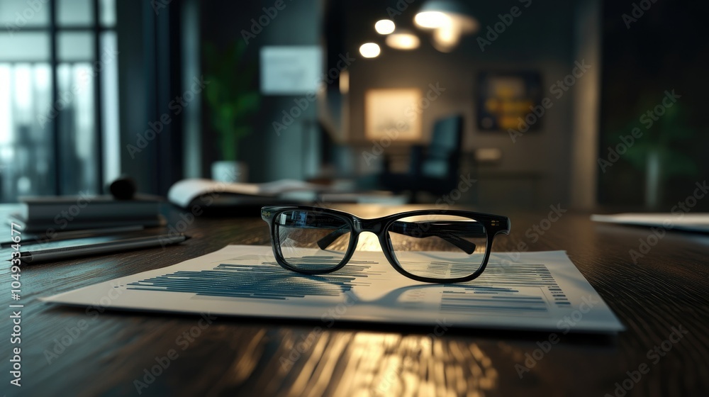 Poster financial data displayed over reading glasses on a sleek desk in a contemporary office setting