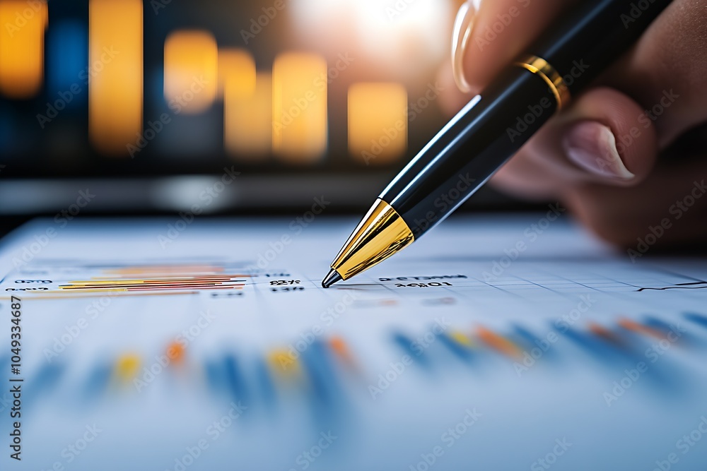 Poster Closeup of Business Analysis with Pen and Financial Data Graph : Generative AI