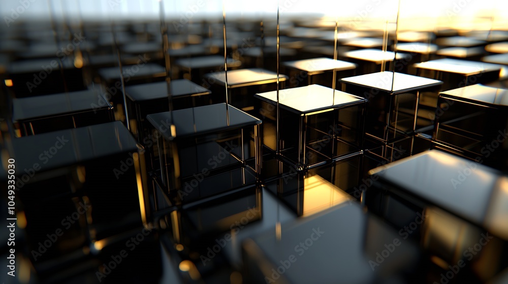Poster Abstract Geometric Gold and Black Cube Array with Reflective Surfaces : Generative AI