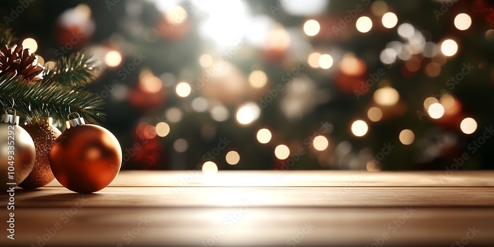 Aufkleber festive christmas scene with ornaments and bokeh lights on wooden table surface : generative ai