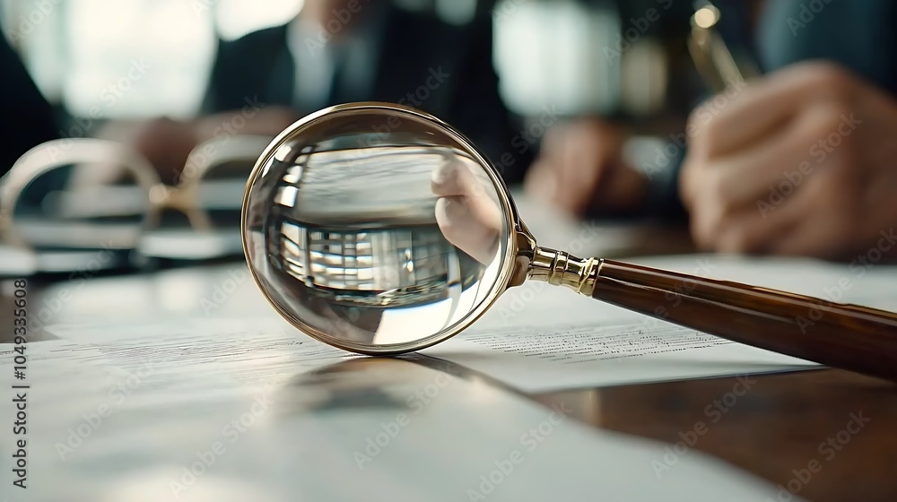 Poster magnifying glass focus on document with group of people in background : generative ai