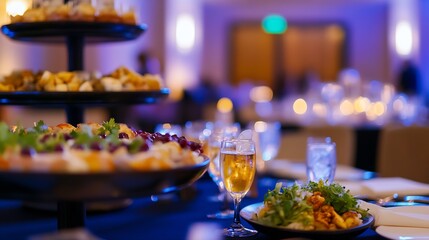 Naklejka premium Elegant Hotel Banquet with Gourmet Appetizers and Luxurious Dining Setting : Generative AI