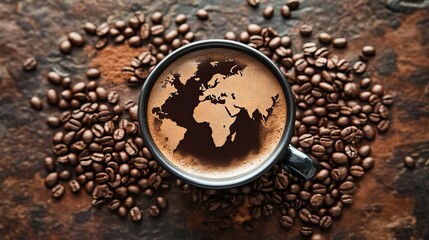 A coffee cup with a world map design on a bed of coffee beans.