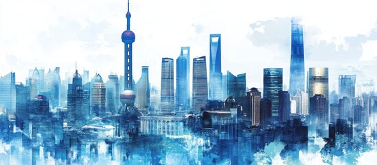 A watercolor skyline buildings showcasing modern architecture.