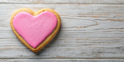 Fototapeta premium Panoramic heart shaped cookie with pink frosting