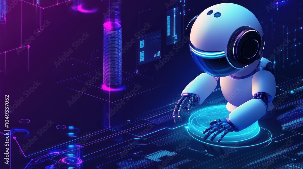 Poster a futuristic robot interacting with a digital interface in a vibrant, tech-inspired environment.