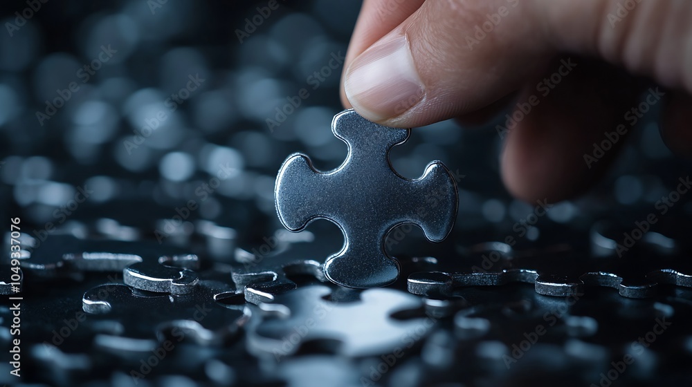 Poster puzzle piece being placed by hand against background of interlocking jigsaw puzzle pieces : generati