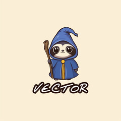 Charming Cartoon Sloth Wizard in Blue Robe Holding a Wooden Staff on Beige Background