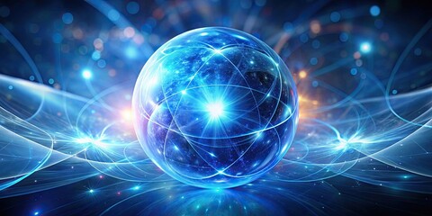 Obraz premium Abstract glowing blue sphere with cosmic elements and energy molecules, energy, magic, molecule, atoms, particles, dots, cosmic