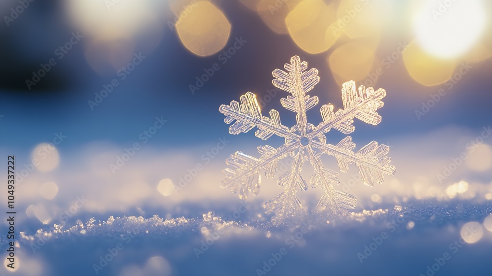 Aufkleber glistening ice crystal snowflake on snowy surface illuminated by warm winter lights : generative ai