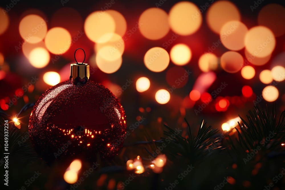 Poster shiny red christmas ornament with pine lights and festive background : generative ai