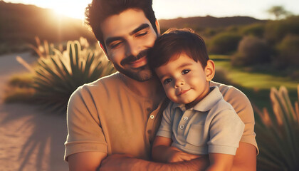A happy couple with their child enjoying a fun summer day together in the park, smiling and embracing each other in a loving moment
