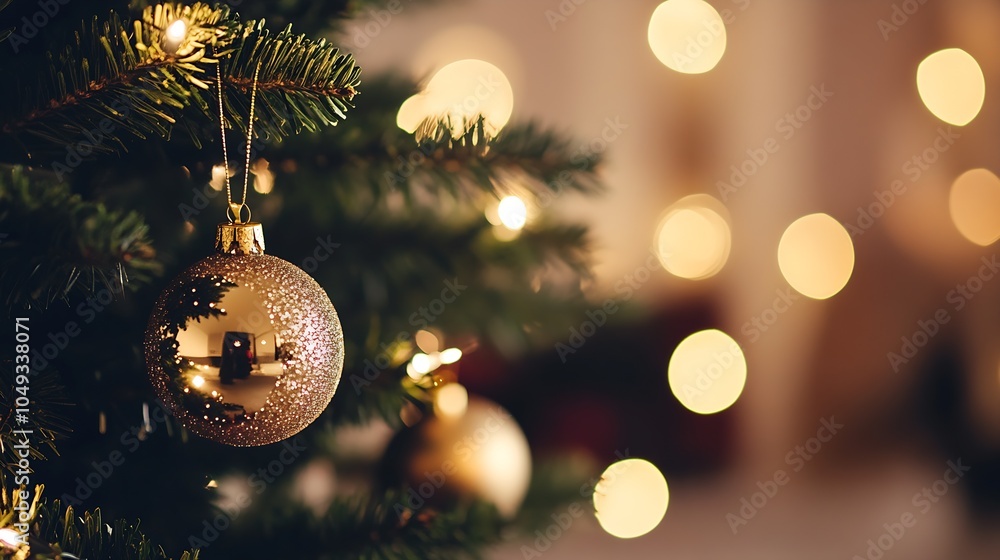 Aufkleber Glittering Gold Christmas Ornaments on Tree with Soft Warm Bokeh Lighting in Festive Setting : Generative AI