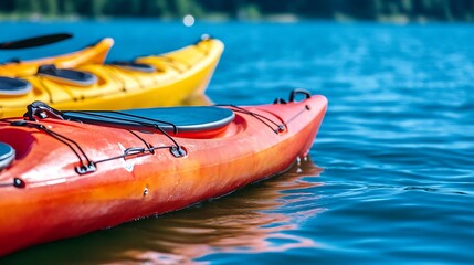 Colorful Modern Kayaks in Calm Waters Ready for Exciting Water Adventures and Leisure Activities : Generative AI