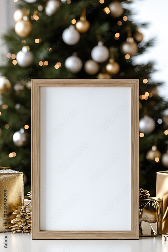 Poster minimalist picture frame display surrounded by gold and white christmas decorations : generative ai