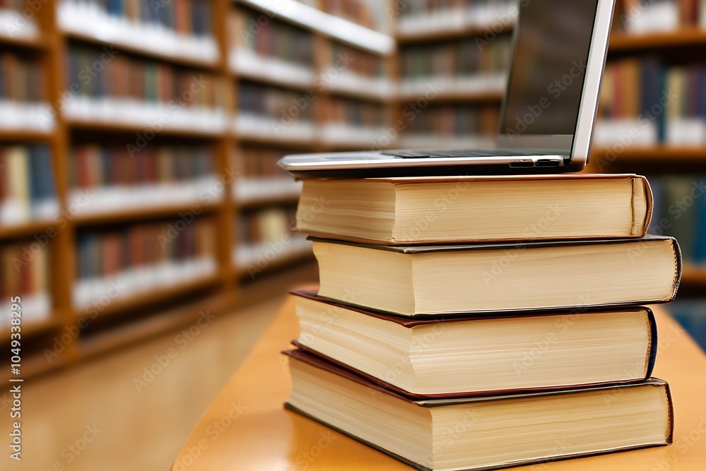 Poster Open laptop on stack of library books with blurred background for education and work concepts : Generative AI