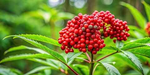 Red berries of sambucus racemosa bush with green leaves in symmetrical summer forest