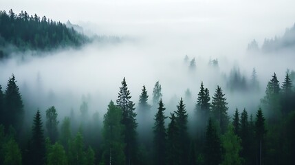 Obraz premium Enchanted Misty Forest with Dense Pine and Spruce Trees Aerial Shot : Generative AI