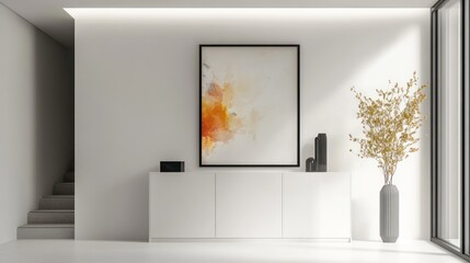 Minimalist Interior Design with Abstract Artwork and Dried Flowers in a White Room