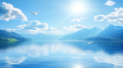 Crystal clear blue lake with soaring seagulls against stunning mountain backdrop and sunny clear sky : Generative AI