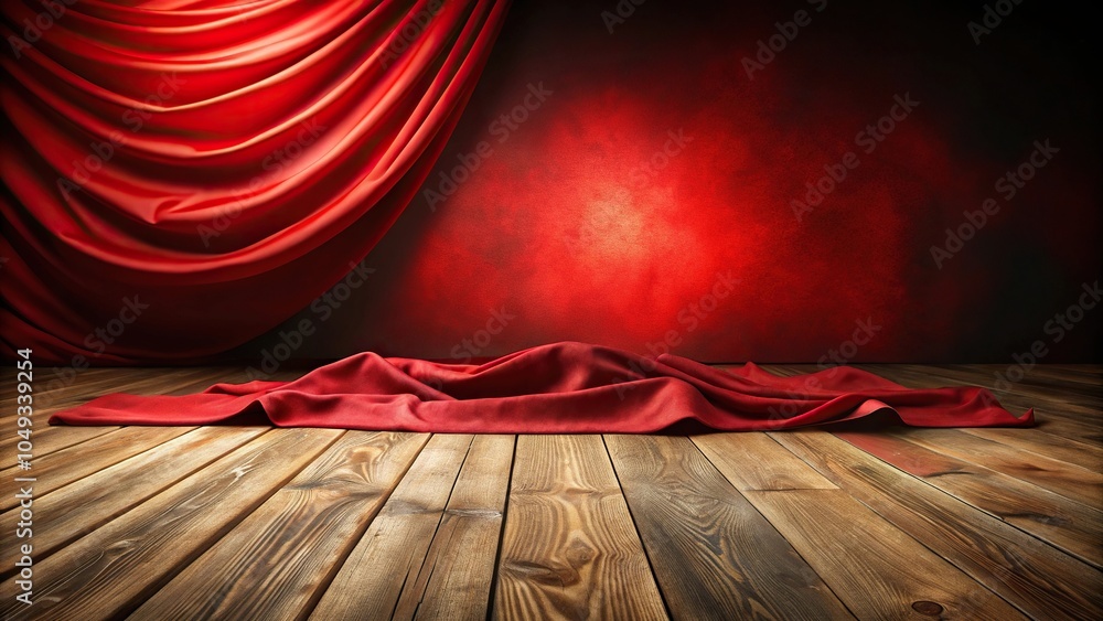 Poster empty wooden floor with a curved red cloth backdrop in spot focus depth of field