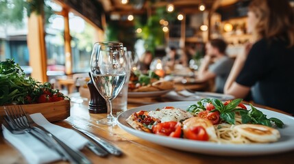 Cozy Restaurant Ambience with Gourmet Pasta and Fresh Tomato Dishes on Elegant Table : Generative AI