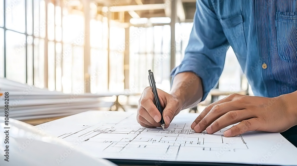 Poster Architect Drawing Blueprints with Pen in Modern Office : Generative AI