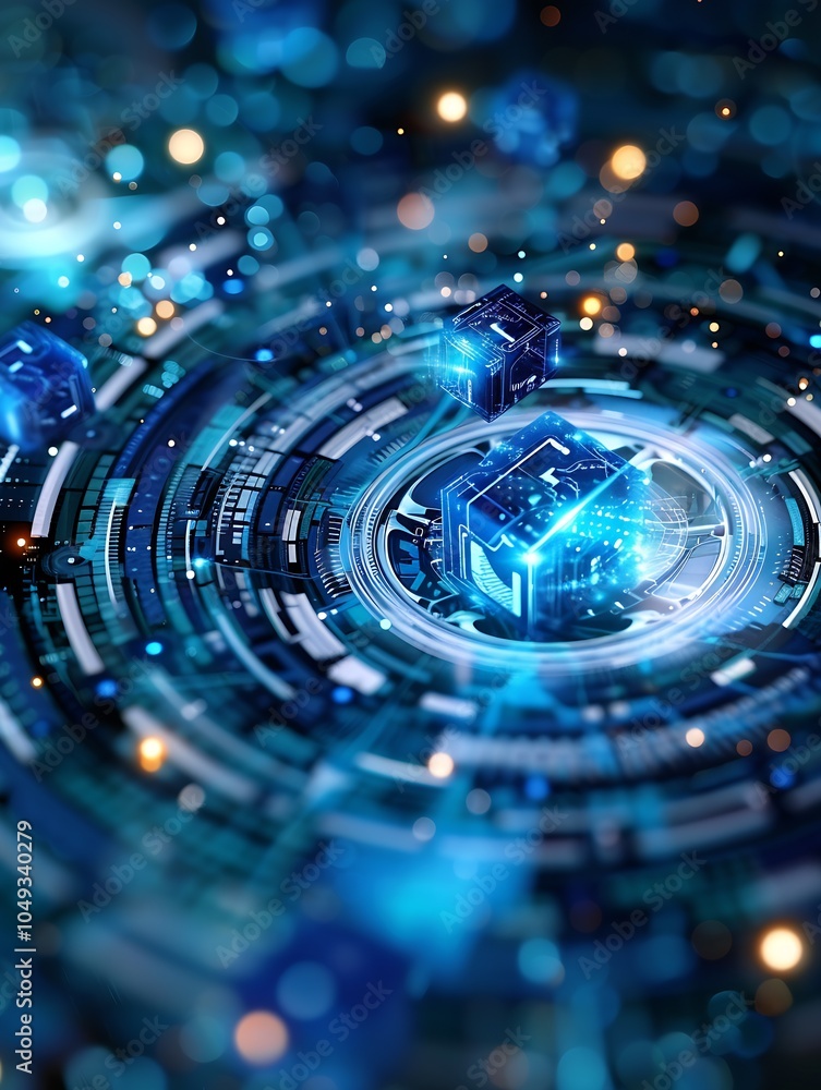 Poster High Tech 3D Digital Concept of a Scientific Network with Cubes and Light Particles : Generative AI