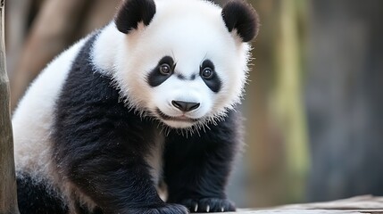 Fototapeta premium Adorable Giant Panda Cub Standing and Looking Curious in Natural Habitat : Generative AI