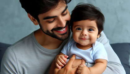 A loving father and son share a joyful moment together, capturing the essence of family happiness and childhood fun