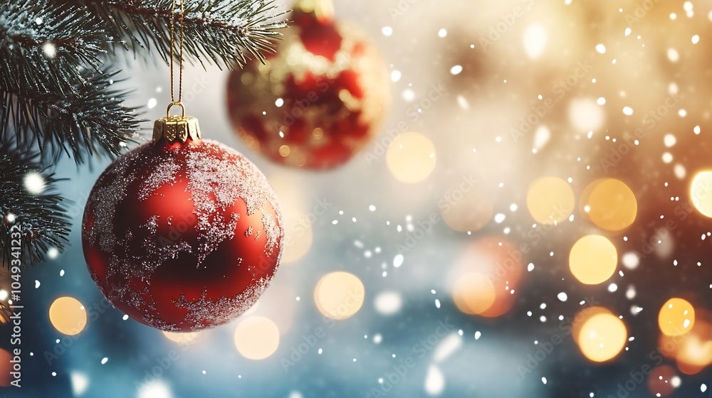 Poster red christmas ornament with icy glitter on tree branch amidst bokeh : generative ai