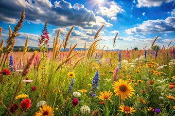 A field of tall grasses and colorful wildflowers sway gently in the breeze on a warm sunny day, tall grasses, sunny day, flowers, nature, field