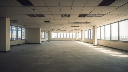 Dimly Lit Office Space with Carpet Flooring and Large Windows for Commercial Use : Generative AI