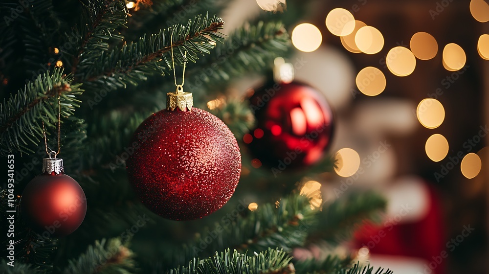 Poster red christmas baubles hanging on decorated tree with lights and bokeh : generative ai