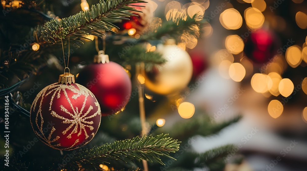 Poster vibrantly decorated christmas tree with assorted red and gold ornaments and soft bokeh lights : gene