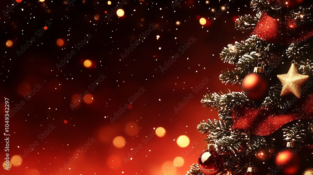 Poster Festive Christmas Scene with Decorated Tree and Sparkling Red Bokeh Lights : Generative AI