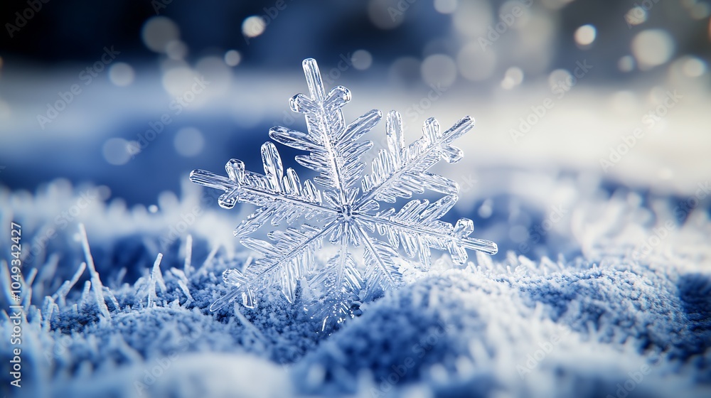 Leinwandbilder delicate snowflake on frosty surface with blurred winter background : generative ai