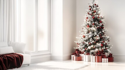 Bright and Cozy Living Room with Red Accented Christmas Tree and Wrapped Presents : Generative AI