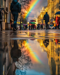 Obraz premium City_street_after_rain_with_a_rainbow