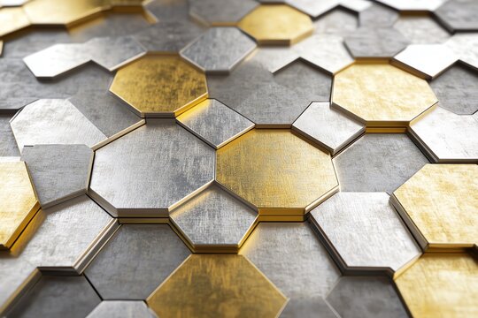 Motif g&eacute;om&eacute;trique en hexagones m&eacute;talliques dor&eacute;s et argent&eacute;s en 3D

