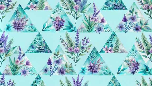 geometric triangle adorned with serene turquoise and lavender botanical for a unique seamless pattern