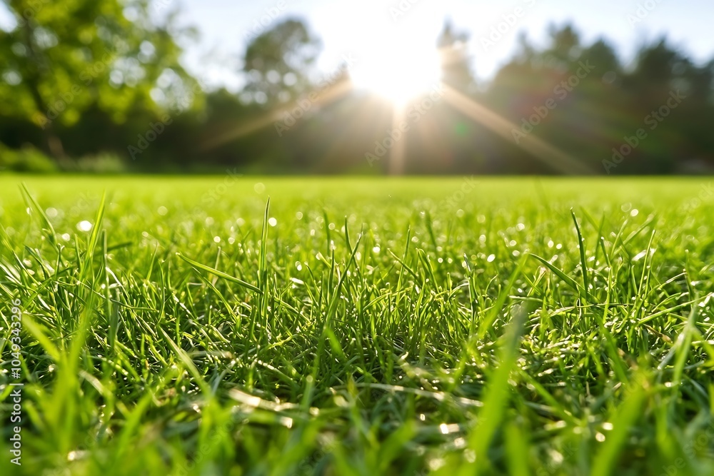 Poster sunlit green grass closeup in a park setting with bright sunshine in the background : generative ai