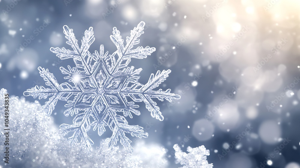 Aufkleber Intricate Snowflake Design Highlighted Against Soft Snow Flurries and Golden Light Bokeh Background : Generative AI